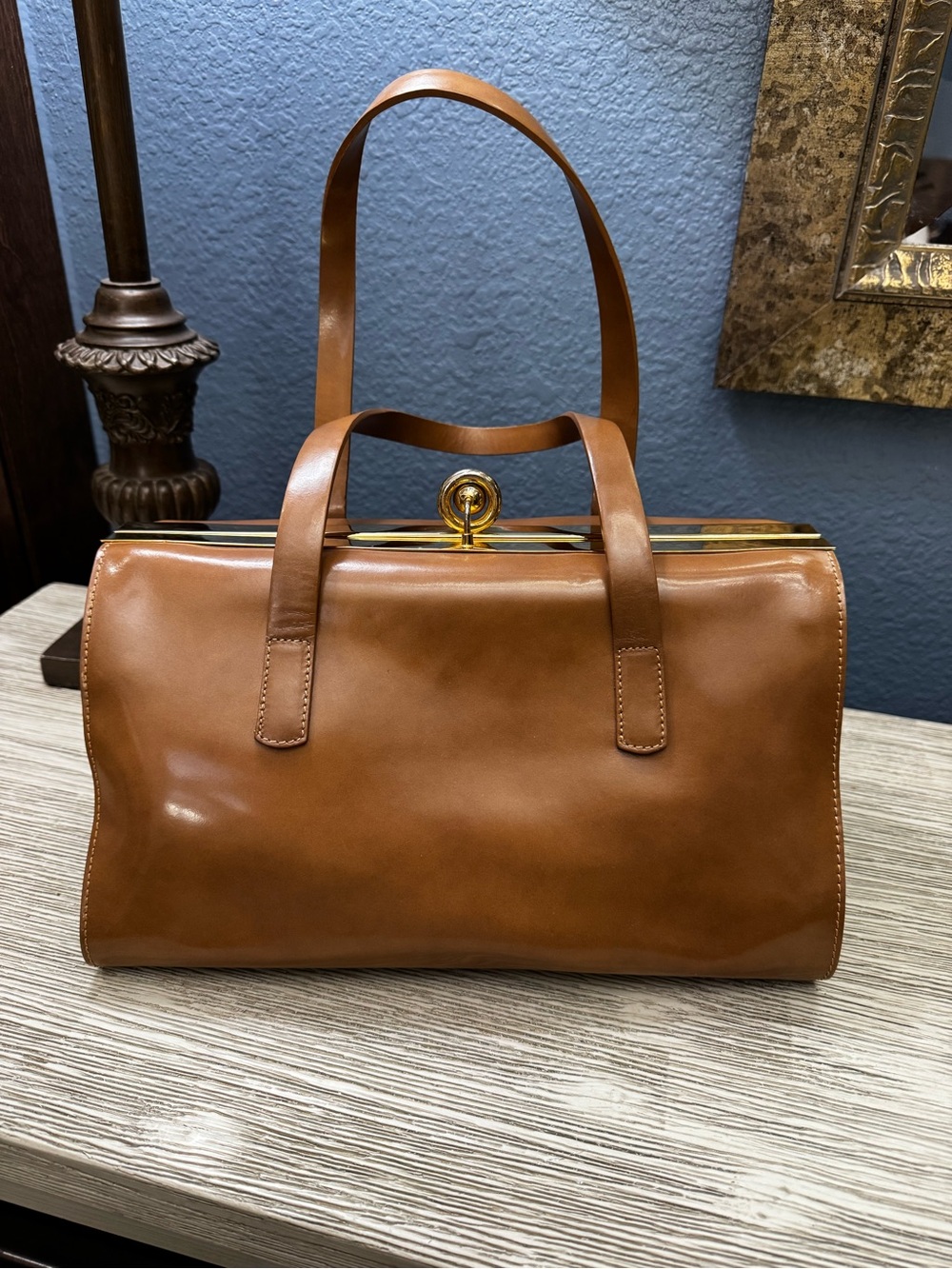 Alberta Di Canio Stecca Tan Leather Satchel with Gold Hardware
